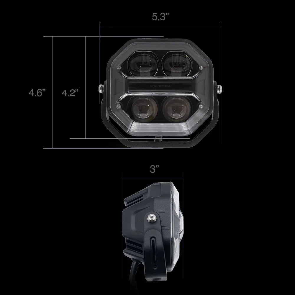 Black LED light with dimensions labeled on a black background