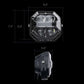 Measurement chart of a vehicle light with dimensions labeled on a black background