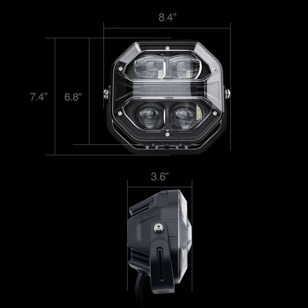 Measurement chart of a vehicle light with dimensions labeled on a black background