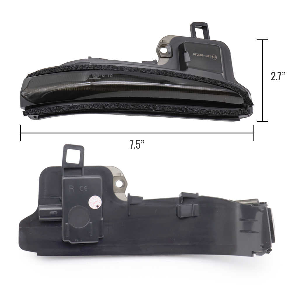 Black automotive part with dimensions on a white background