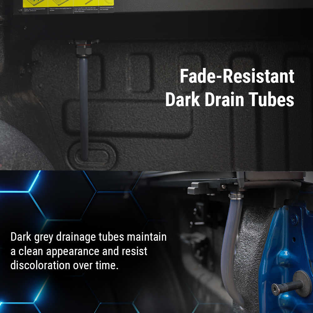 Dark drain tubes in a vehicle's undercarriage with text highlighting fade-resistance.