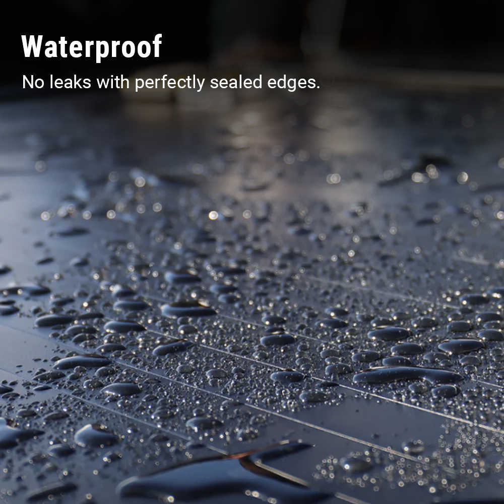 Close-up of water droplets on a surface with text indicating waterproof properties.