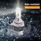 Car headlight bulb with water splashes and 'Rain-resistant IP65 waterproof test' text on a dark background
