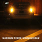 A rear view of a car parked at night with bright illuminated side and rear lights, set against a brick wall and asphalt ground. White text at the bottom reads 'MAXIMUM POWER, MINIMUM DRAW'.