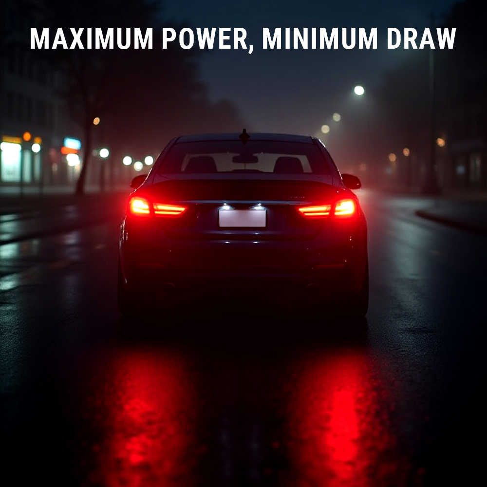 A dark sedan photographed from the rear on a wet nighttime city street, with bright red taillights glowing and reflecting on the road. Large white text at the top reads “MAXIMUM POWER, MINIMUM DRAW.