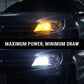 A close-up of a car headlight shown in two states: the top shows the amber turn signal and main beam on, and the bottom shows the headlight turned off with a black overlay reading 'MAXIMUM POWER, MINIMUM DRAW'.