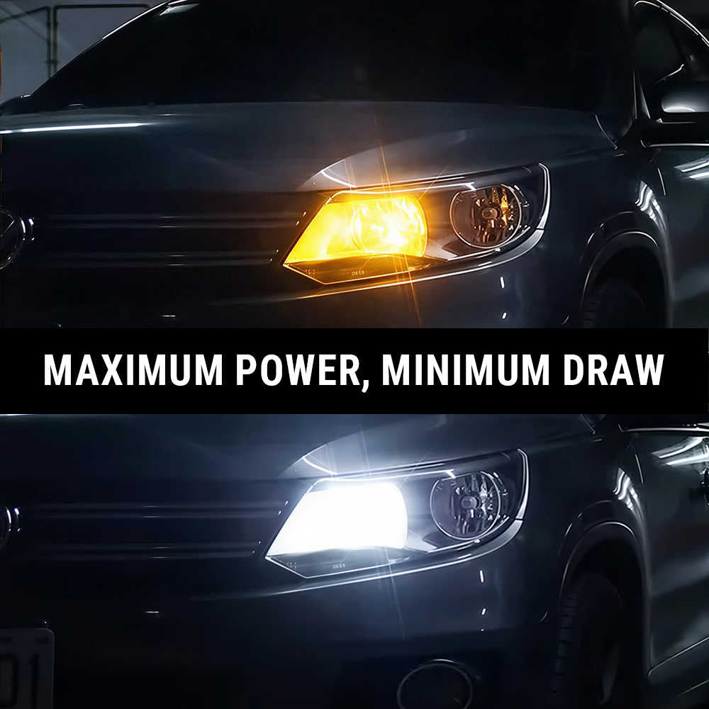 A close-up of a car headlight shown in two states: the top shows the amber turn signal and main beam on, and the bottom shows the headlight turned off with a black overlay reading 'MAXIMUM POWER, MINIMUM DRAW'.