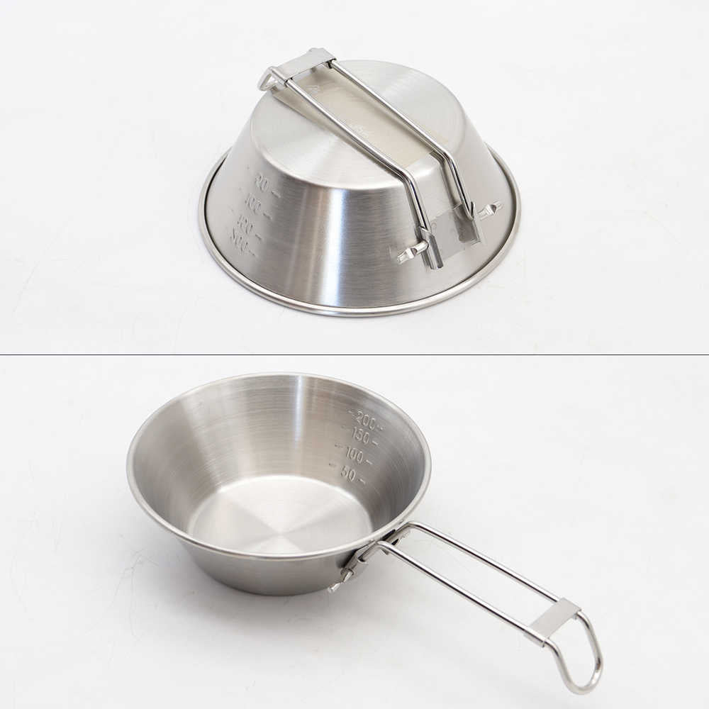 A stainless steel camping measuring cup and lid shown in two views on a white background: the lid with a metal handle on top, and the open cup with its handle folded down below.