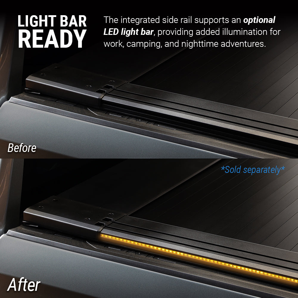 Before-and-after comparison showing an optional LED light bar mounted on the side rail of a black vehicle. The top image is labeled 'Before' and shows no illuminated light bar.