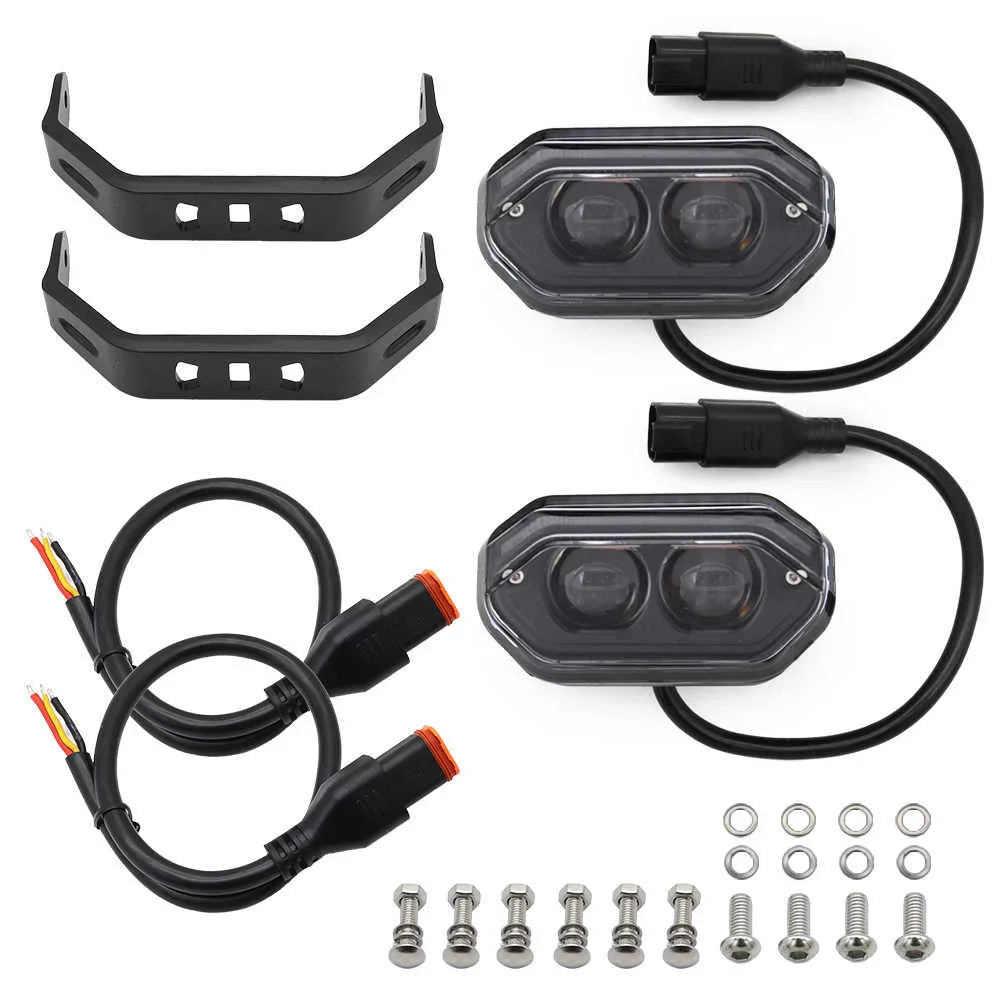 Set of automotive parts including brackets, lights, and screws on a white background
