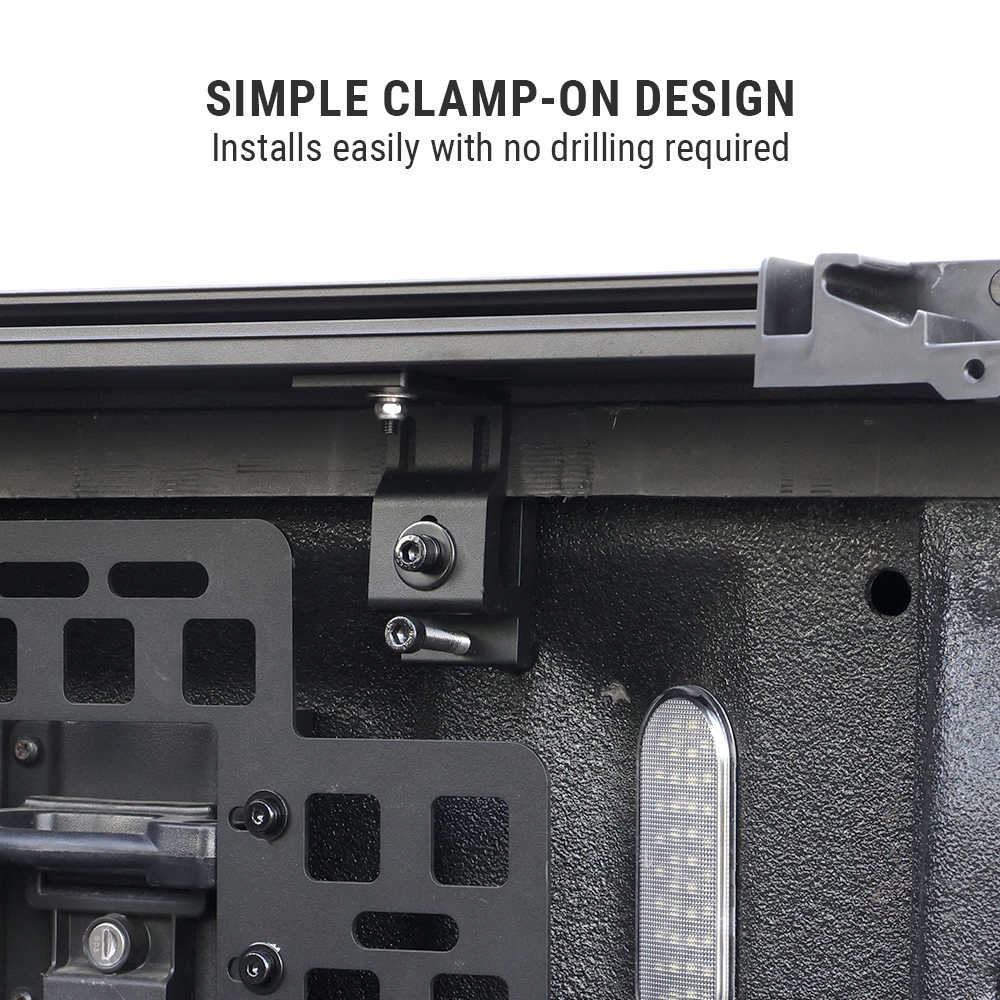 Close-up of a clamp-on design with text indicating ease of installation without drilling.