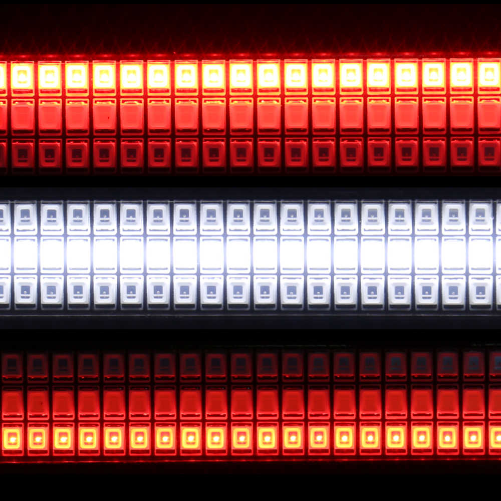 Three LED strip lights in red, white, and red with a black background