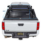 Rear view of a white Tacoma pickup truck with a black hardtop tonneau cover and syneticusa R6 premium overland rack, overlaid with blue dimension lines and measurements including 58.6 inches, 53.