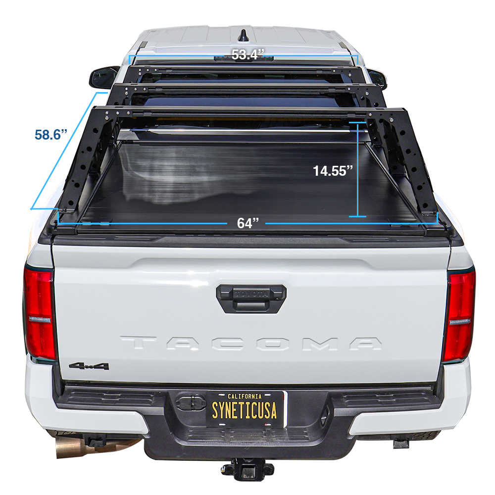Rear view of a white Tacoma pickup truck with a black hardtop tonneau cover and syneticusa R6 premium overland rack, overlaid with blue dimension lines and measurements including 58.6 inches, 53.