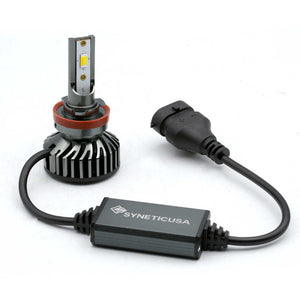 Car headlight bulb kit with wiring harness and SyneticUSA label on a white background