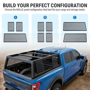 Black MOLLE cargo bed liner set shown installed on the bed of an orange pickup truck, with three configuration options (A, B, C) and marketing text above on a light blue background.