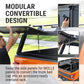 Promotional collage for a modular convertible truck bed cap system, showing an orange pickup truck with a black canopy panel being lifted by a person, plus inset close-ups of mounting hardware and the installed rack. Large text reads 'MODULAR CONVERTIBLE DESIGN' and a caption explains swapping side panels for MOLLE panels.