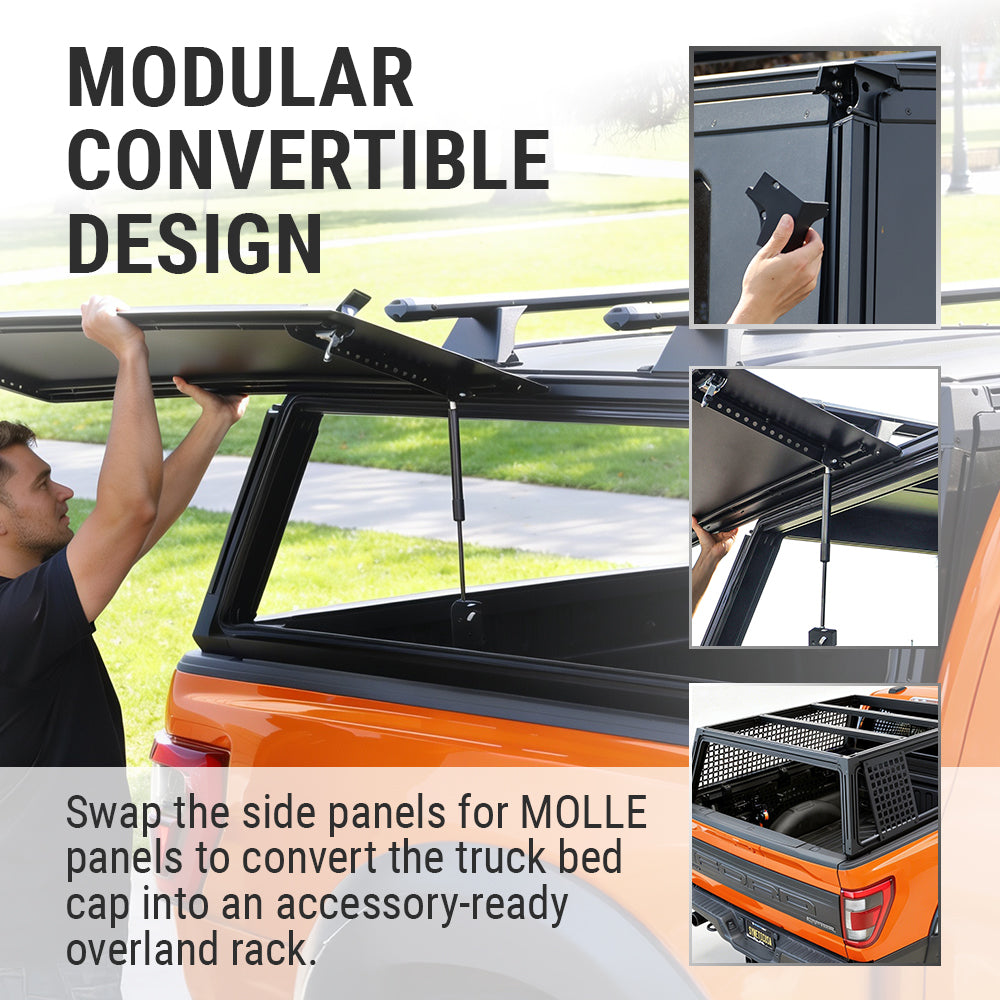 Promotional collage for a modular convertible truck bed cap system, showing an orange pickup truck with a black canopy panel being lifted by a person, plus inset close-ups of mounting hardware and the installed rack. Large text reads 'MODULAR CONVERTIBLE DESIGN' and a caption explains swapping side panels for MOLLE panels.