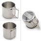A stainless steel camping mug shown from multiple angles on a white background, including a side view with handle, a front-facing view, and a top-down view showing a SYNETICUSA label.