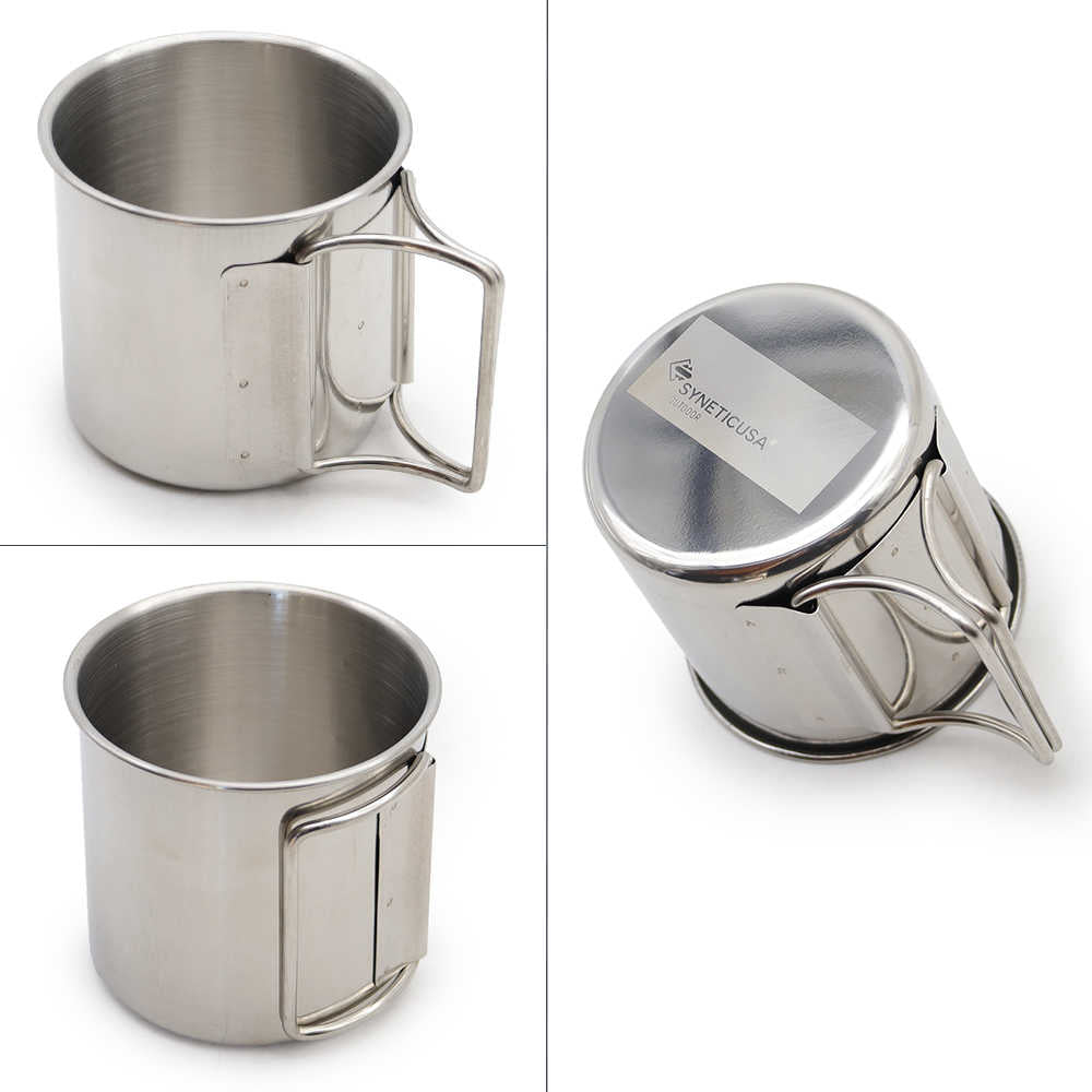 A stainless steel camping mug shown from multiple angles on a white background, including a side view with handle, a front-facing view, and a top-down view showing a SYNETICUSA label.