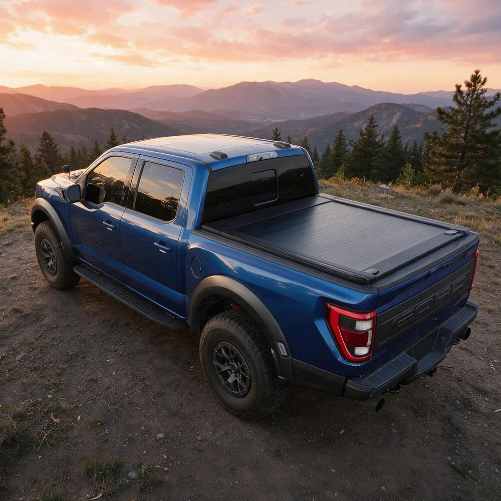A blue Ford pickup truck parked outdoors on a dirt trail with mountains and trees in the background at sunset. The truck bed is covered by a black tonneau-style cover.
