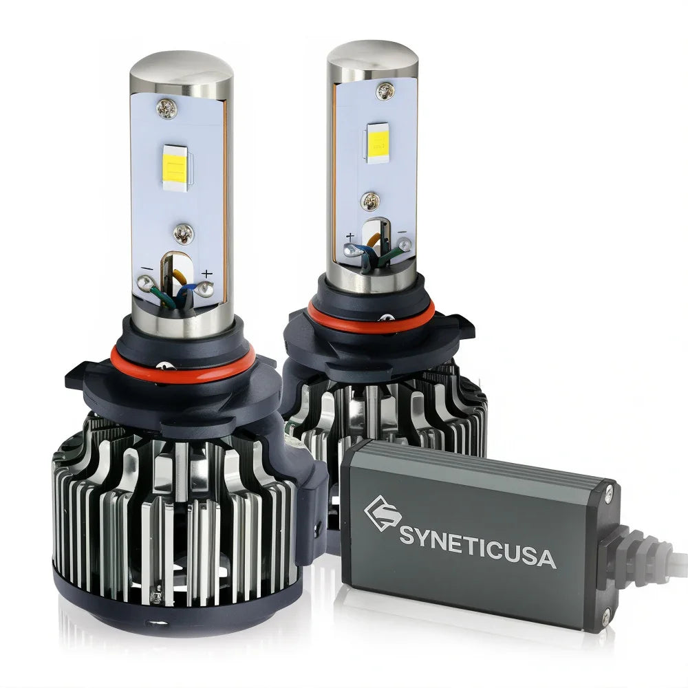 Two car headlight bulbs with a control unit on a white background, featuring the Synetic USA brand.