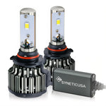 Two car headlight bulbs with a control unit on a white background, featuring the Synetic USA brand.