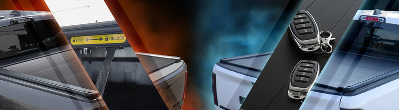 Two views of a truck bed with syneticusa tonneau cover, one showing a close-up of the cover's edge with Ram 1500 retractable tonneau cover