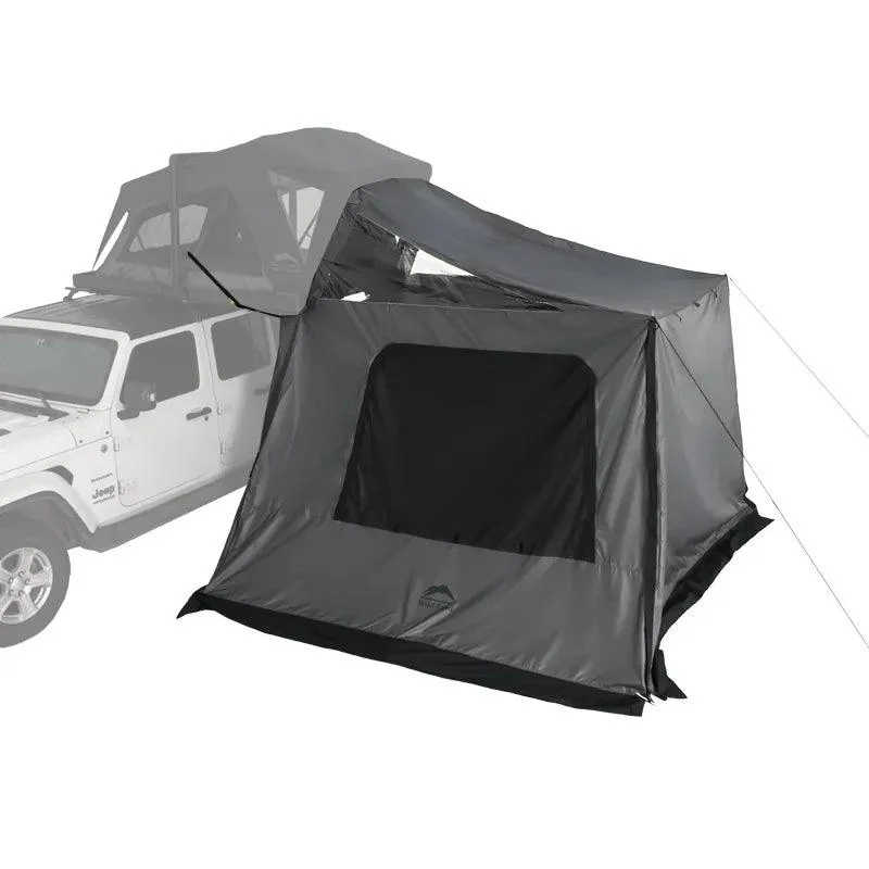 Gray tent attached to a white SUV on a white background