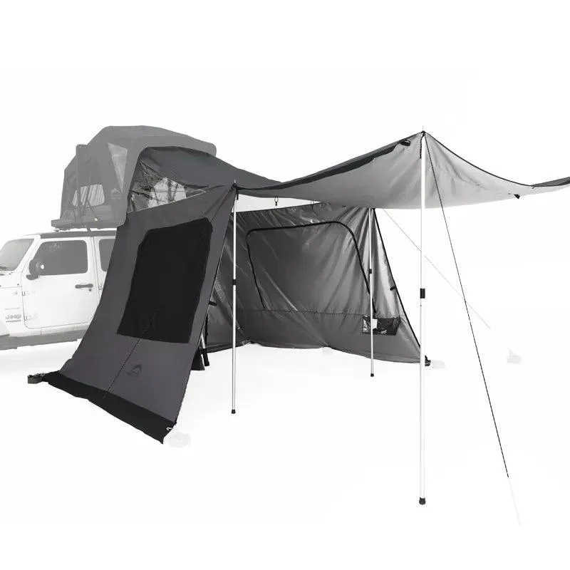 Gray truck bed cover with canopy attached to a white truck on a white background