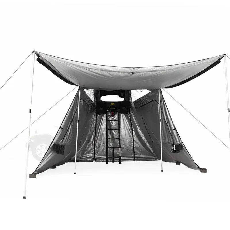 Portable camping shelter with mesh walls and a canopy on a white background