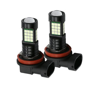 Two car light bulbs with red and black housing on a white background