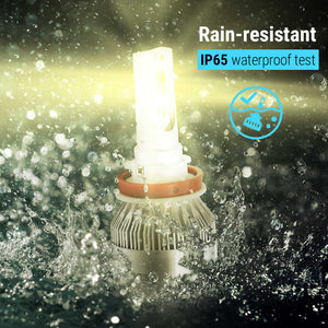 Light bulb with water splashes and rain-resistant label indicating IP65 waterproof test.