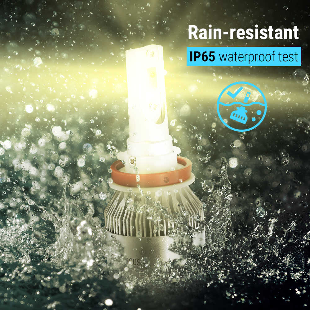 Light bulb with water splashes and rain-resistant label indicating IP65 waterproof test.