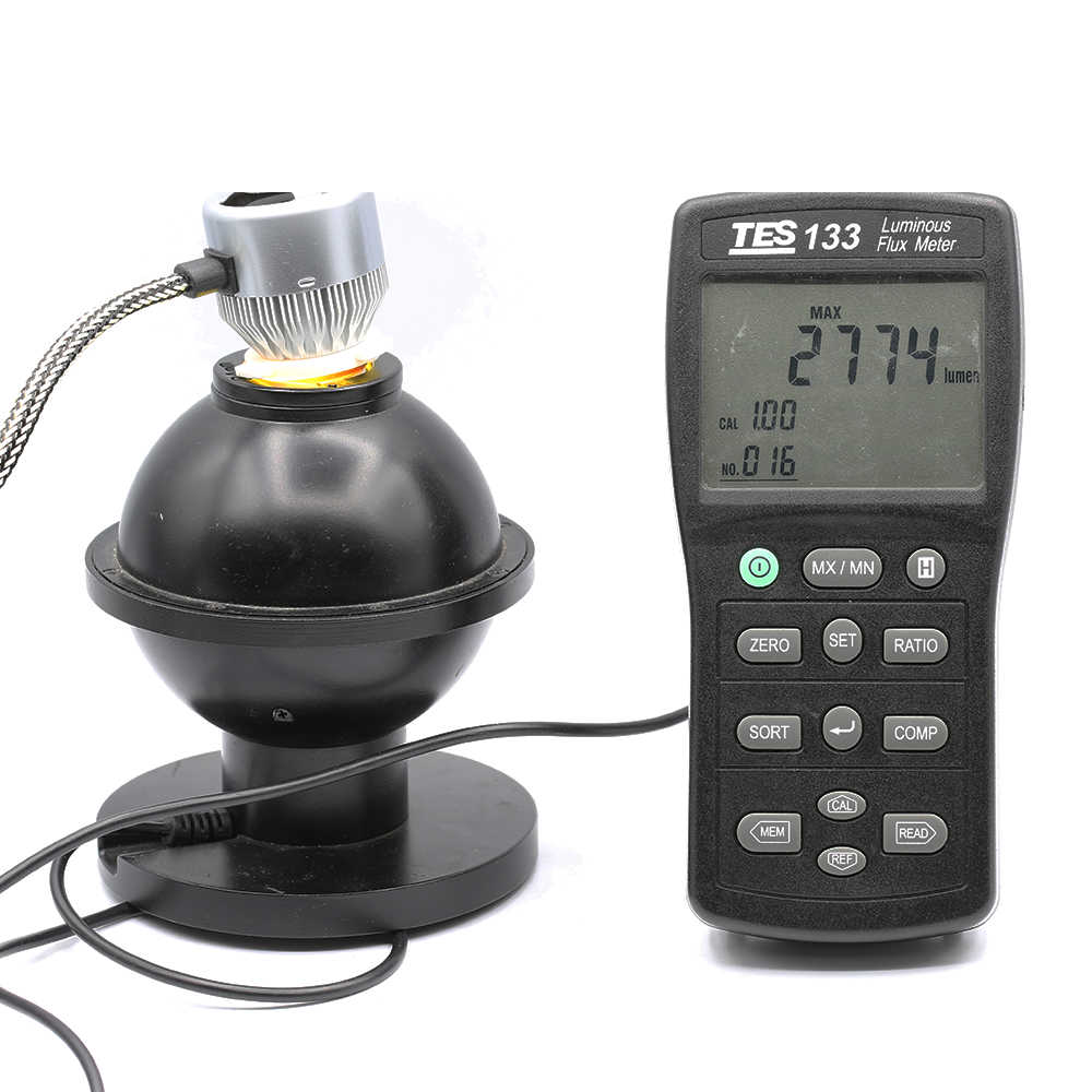 Luminous flux meter measuring a light bulb on a white background