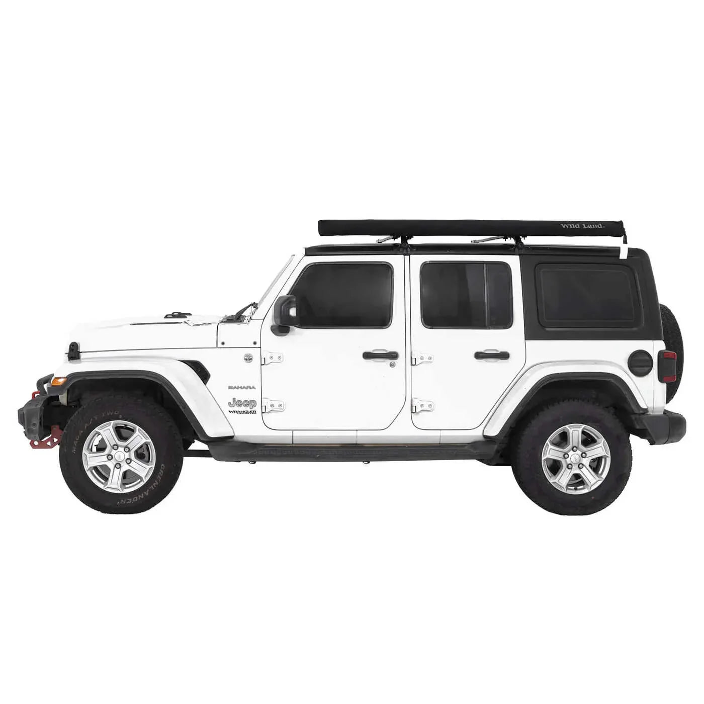 White Jeep Wrangler with a roof side awning on a white background