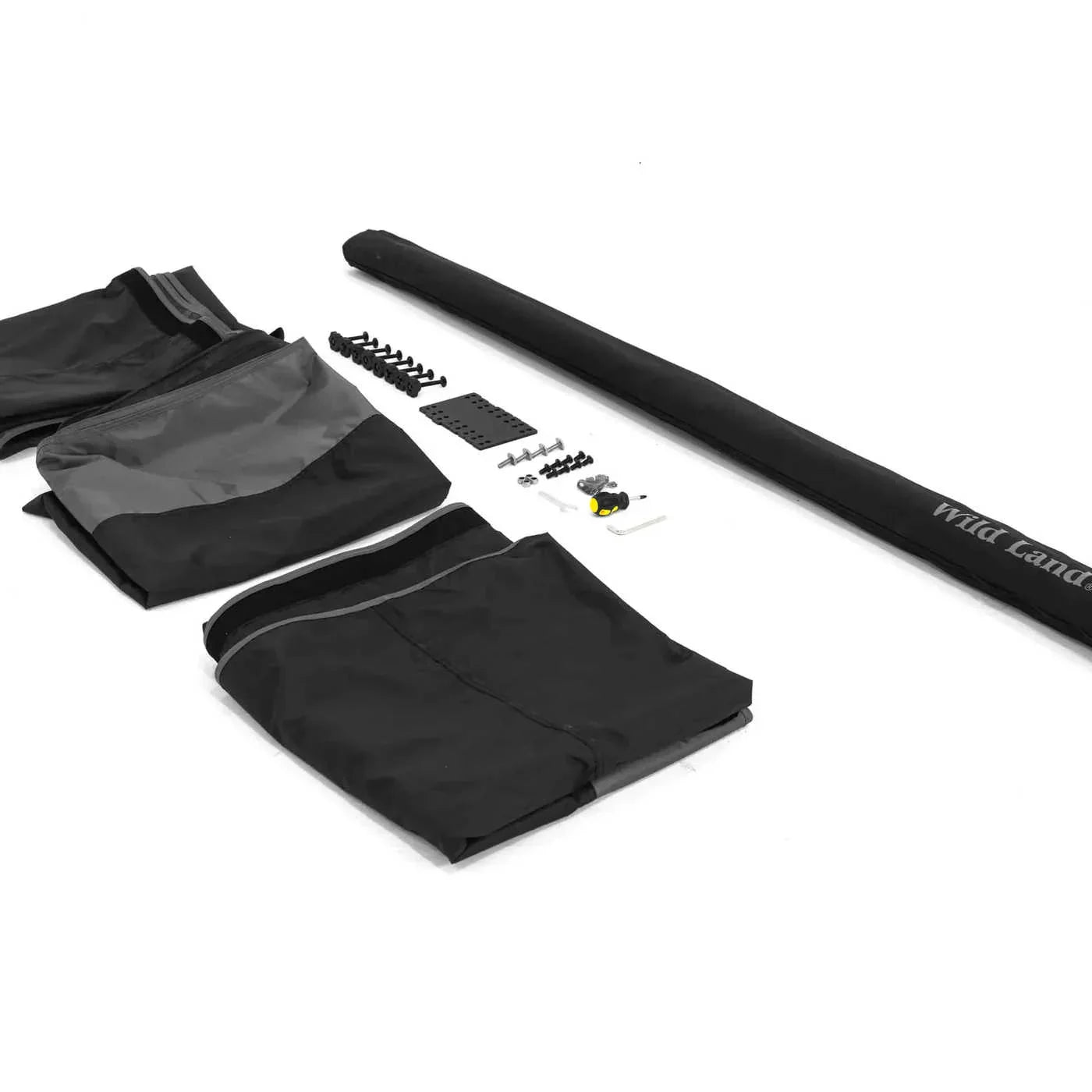 Black tent parts including fabric and poles on a white background