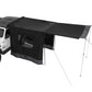 Black camping tent attached to a white vehicle on a white background