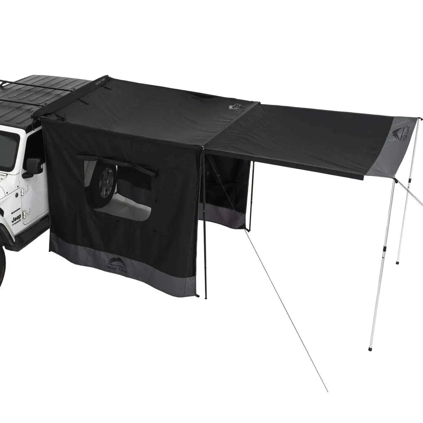 Black camping tent attached to a white vehicle on a white background