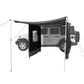 Car with a large black awning extended over it on a white background