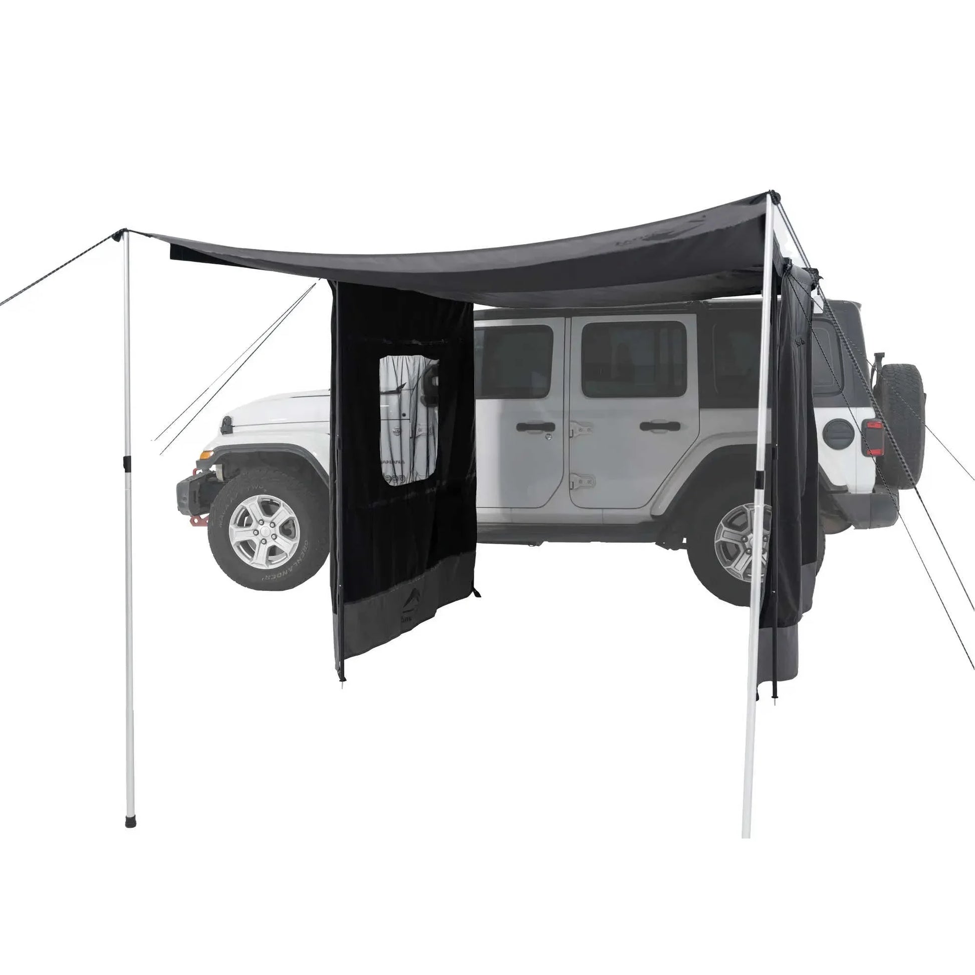 Car with a large black awning extended over it on a white background