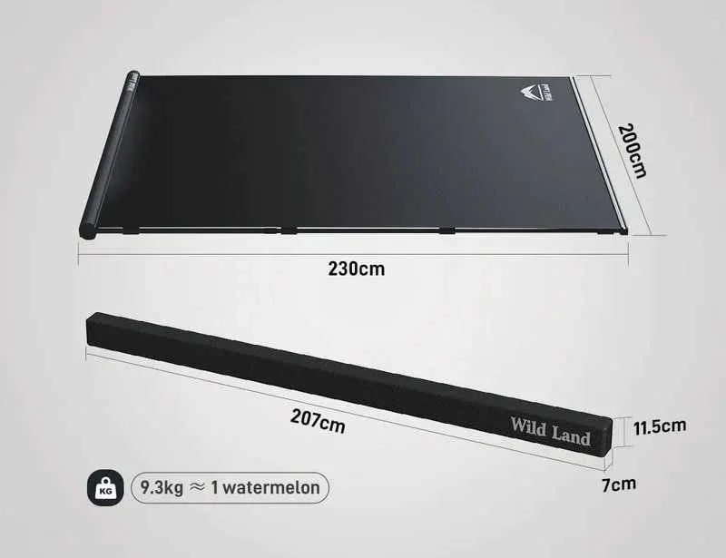 Black canvas with dimensions and weight information on a white background