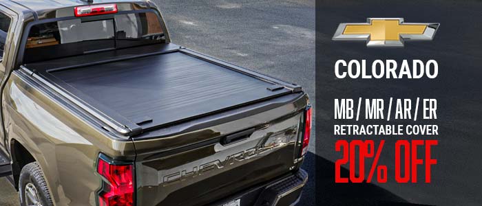Chevrolet Colorado truck bed cover with promotional text on a dark background