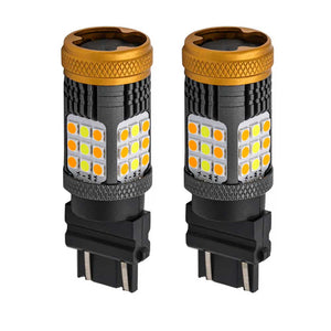 Two high power LED bulbs with white and amber light compartments, featuring a black and gold color scheme.