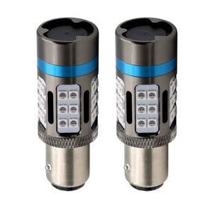Two red LED strobe light bulbs with an aluminum body, designed for use in vehicle lighting systems.