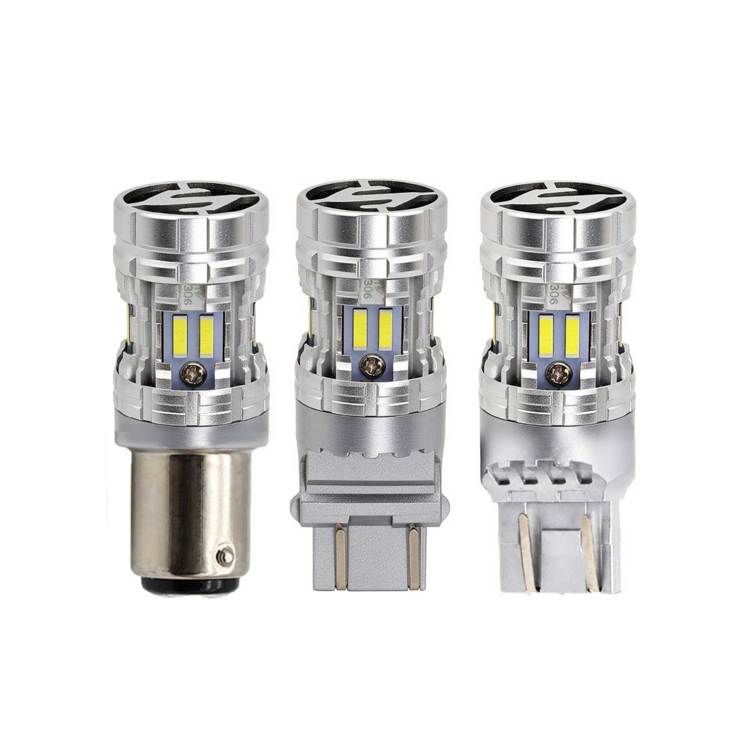 Three views of a silver LED car light bulb with a bayonet base, showing the front LED array, rear connector, and side profile on a white background.