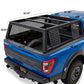 Black metal truck bed cargo cage installed on the bed of a blue F-150 raptor truck, with dimension labels showing measurements in inches.