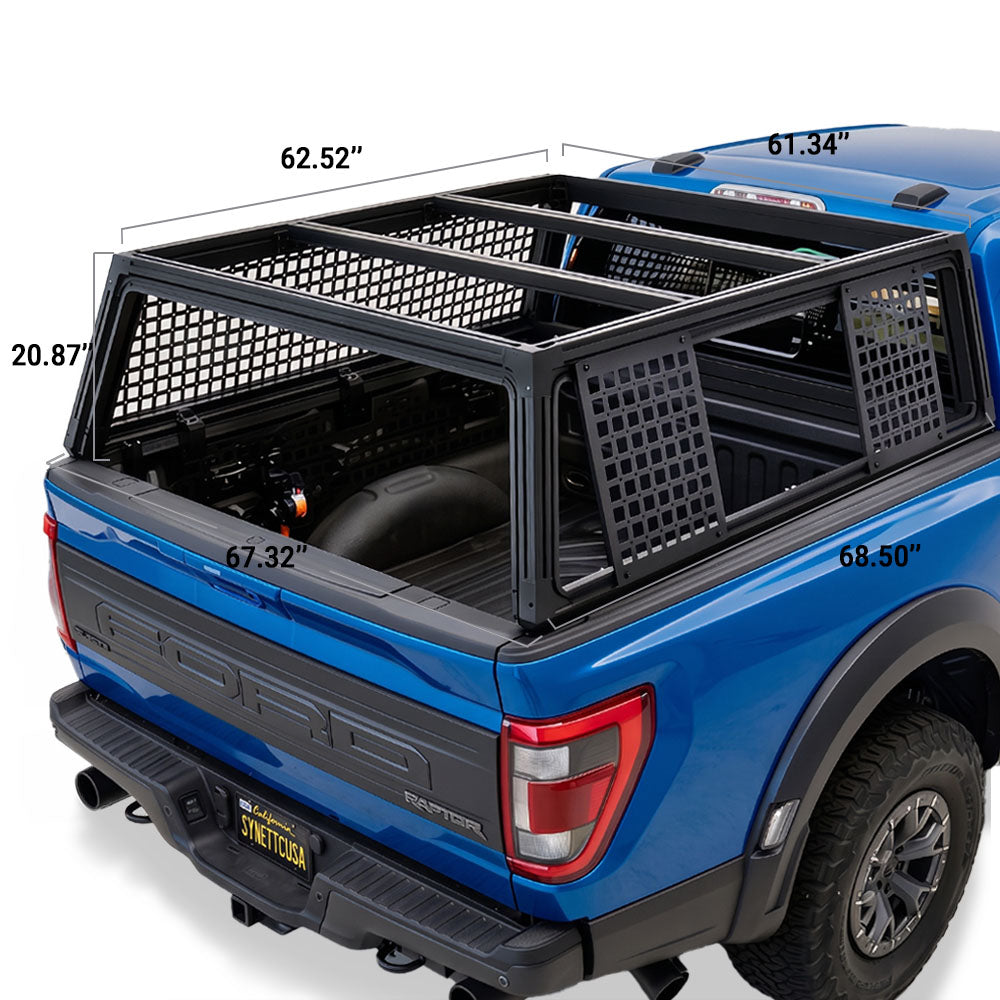 Black metal truck bed cargo cage installed on the bed of a blue F-150 raptor truck, with dimension labels showing measurements in inches.