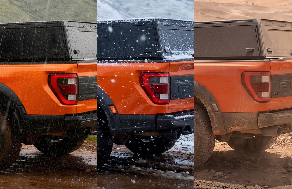 Three side-by-side outdoor shots of the rear quarter of an orange pickup truck with a black bed cover, shown in rain, snow, and desert terrain.