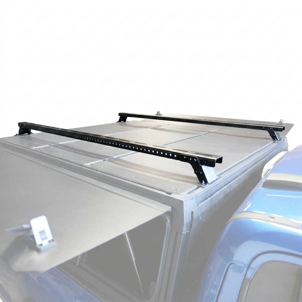 Black metal roof rack crossbars mounted on a syneticusa flex modular cap, shown against a white studio background.